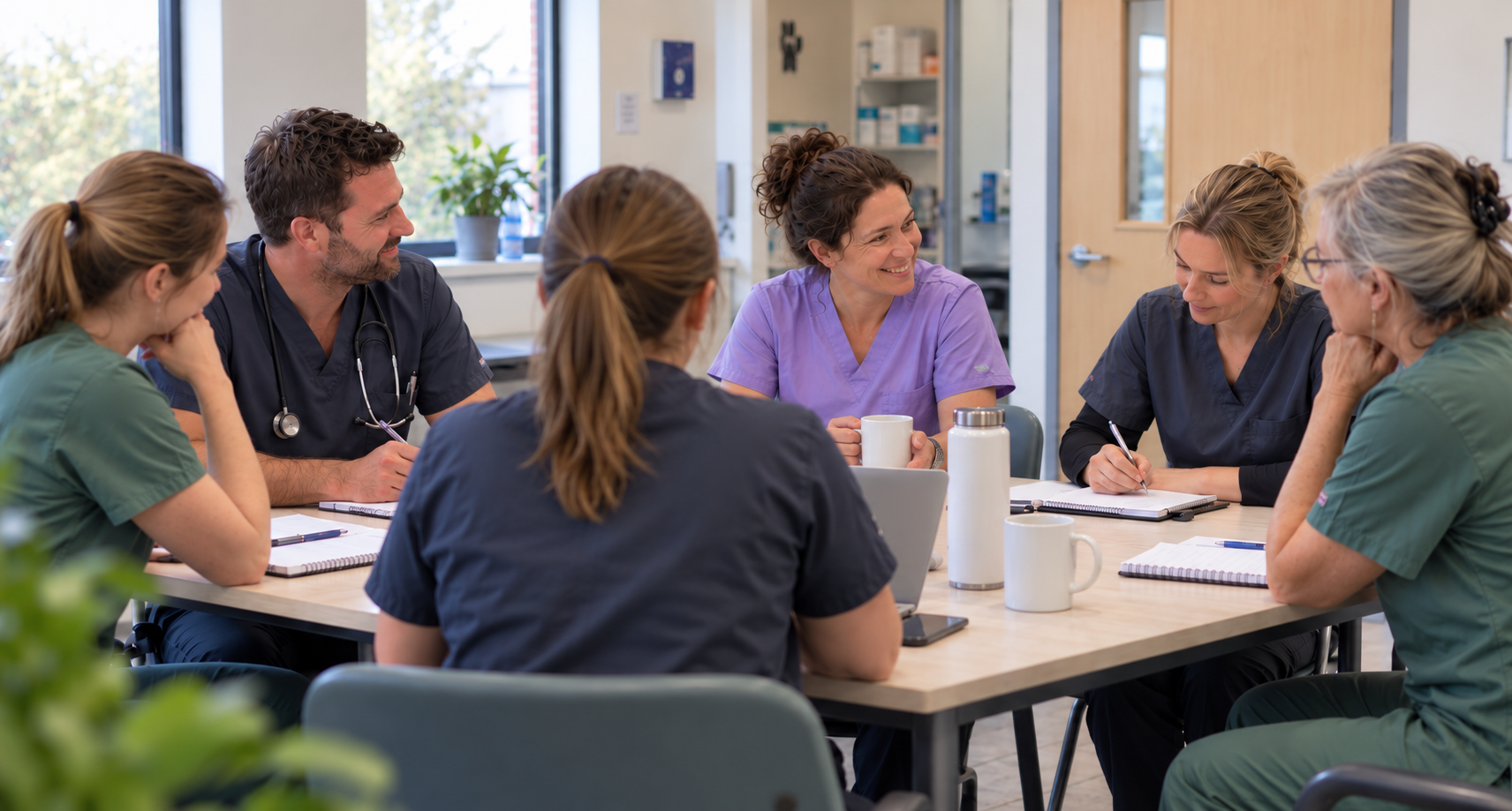 A veterinary team sharing a supportive conversation around a table